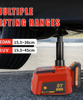 5 Ton Cordless Electric Car Jack Kit With 21V Battery lifting sedan showcasing height ranges for sedan and SUV