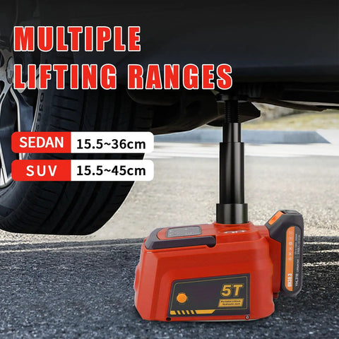 5 Ton Cordless Electric Car Jack Kit With 21V Battery lifting sedan showcasing height ranges for sedan and SUV