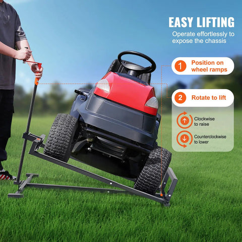 Man using Beefy 880 LB Ride On Lawn Mower Lift Jack With Telescoping Lift Crank Handle And Power Tool Handle Foldable Lawn Tractor Lifter For Mowers And Garden Tractors Heavy Duty Black to elevate a lawn tractor on green grass.