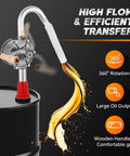 Heavy Duty Hand Crank Drum Pump For 55 Gallon Barrels With Adjustable Aluminum Suction Tube, action shot transferring oil.