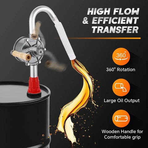 Heavy Duty Hand Crank Drum Pump For 55 Gallon Barrels With Adjustable Aluminum Suction Tube, action shot transferring oil.