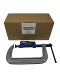 Heavy Duty C Clamp With Eight Inch Opening And Four Inch Throat Delivering Seventeen Hundred Pounds Of Real Deal Grip For Woodworking And Diy Builds Rustproof Finish on a workbench with packaging.