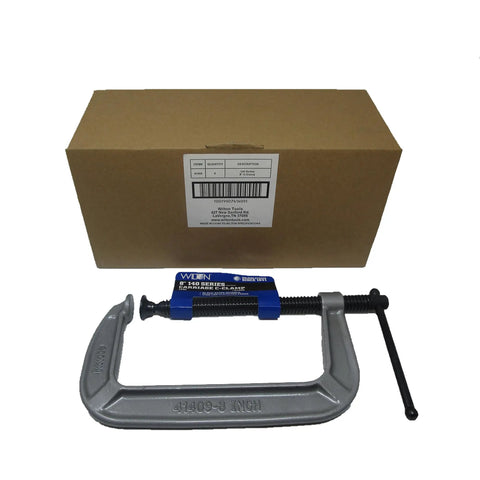 Heavy Duty C Clamp With Eight Inch Opening And Four Inch Throat Delivering Seventeen Hundred Pounds Of Real Deal Grip For Woodworking And Diy Builds Rustproof Finish on a workbench with packaging.