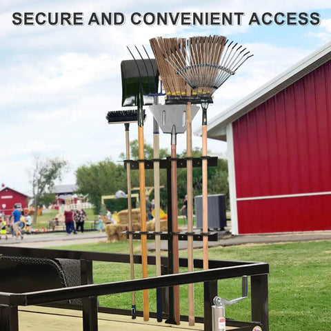 Heavy Duty Shovel Holder For Truck And Trailer, 6 Tool Holes, Rubber Grommets And Mounting Hardware displayed on open trailer
