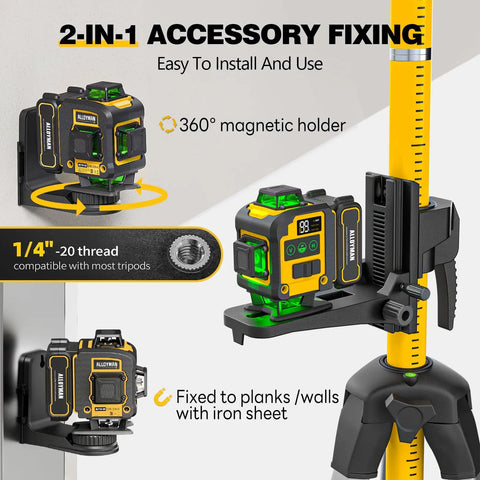 16 Line Laser Level With Self Leveling 360 Degree Green Lasers Dual Horizontal And Vertical Beams Fast Self Leveling Rechargeable Batteries Wall Mount Remote shown with accessory fixing and magnetic holder