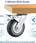 Heavy Duty 5 Inch Caster Wheels With Brake 2200lbs Load Capacity Set Of 4 For Cart Trolleys Furniture And Workbench with close-up of wheel and brake