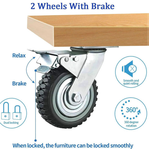 Heavy Duty 5 Inch Caster Wheels With Brake 2200lbs Load Capacity Set Of 4 For Cart Trolleys Furniture And Workbench with close-up of wheel and brake