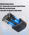Pro Level Copper Tube Bender Kit For 1/4 To 7/8 Inch Piping, Portable Ratcheting Pipe Bending Tool showing 2000mAh battery and charging details.
