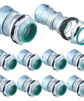 Kickass 10 Pack 1/2 Inch EMT Raintight Compression Connectors with zinc plated finish and waterproof seals for electrical boxes.