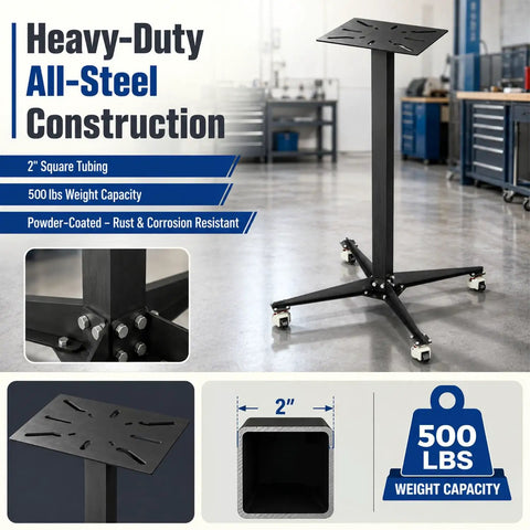 Heavy Duty Grinding Station Pedestal With Industrial Grade Locking Swivel Caster Wheels, 500 lbs weight capacity all-steel construction.
