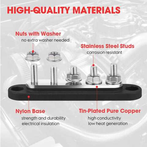 Top Shelf Heavy Duty 12V Bus Bar Power Distribution Block With Five By One Quarter Inch Studs Slick Color Coded Red And Black Pair showing stainless steel studs and nylon base.