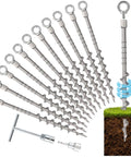 Beefy Heavy Duty 12 Pack 14 Inch Ground Anchors Screw In Non Rust Cast Aluminum Detachable Tent Stakes for camping shown in spiral layout.