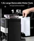10 Cup Grind And Brew Coffee Maker Featuring A Sleek Touch Display with a removable 1.5L water tank in use.