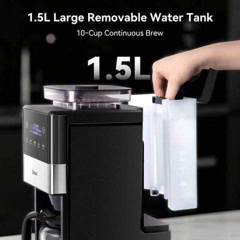 10 Cup Grind And Brew Coffee Maker Featuring A Sleek Touch Display with a removable 1.5L water tank in use.