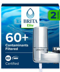 Easy Install Chrome Faucet Mount Water Filter Gives Instant No Wait Filtration For Awesome Tasting Tap Water Fits Standard Faucets Great For Kitchens Bathrooms Drinking Cooking And Small Spaces, showing product box and faucet filter close-up.