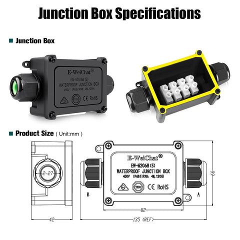 Two Pack IP68 Waterproof Junction Box Two Way Outdoor Underground Electrical Box For Street Lights Buried Lamps Weatherproof Wiring Connector 40A 450V 82X66X42MM Four Position Terminal Block Compatible With 5 To 9 MM 9 To 12 MM And 10 To 14 MM Wires, shown with dimensions