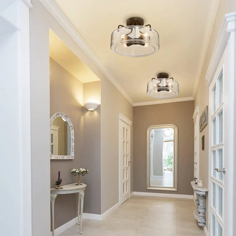 Hallway with Dope Farmhouse Semi Flush Mount Ceiling Light With Drum Seeded Glass Shade Four Lights Oil Rubbed Bronze Finish