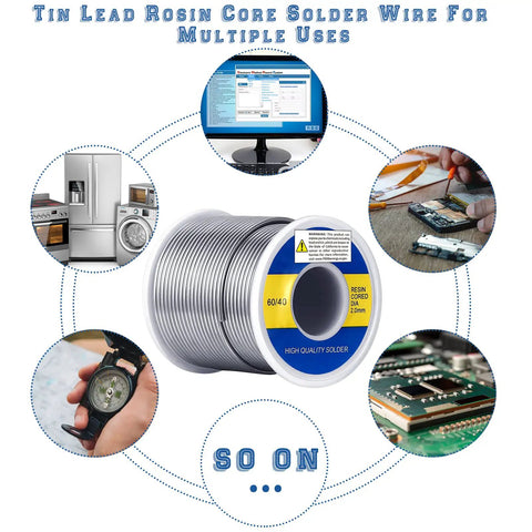 Two Pack Sn60 Pb40 Rosin Core Solder Wire For Electrical Soldering And Home DIY 2 mm Diameter 500 G Total Easy Melt shown with uses