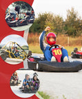 Go-karts racing on track, highlighting action scenes and excitement