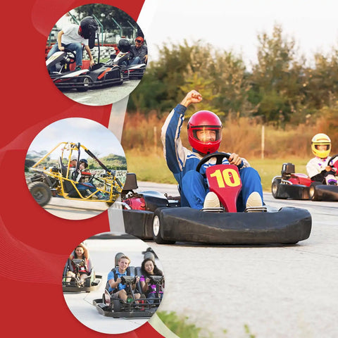 Go-karts racing on track, highlighting action scenes and excitement