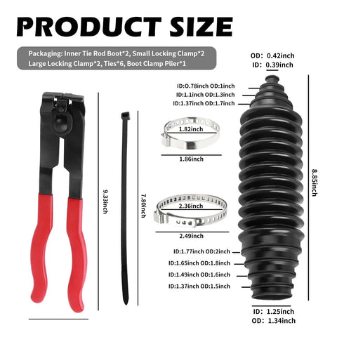 Inner Tie Rod Boot Kit With Boot Clamp Pliers For Steering Rack Boots Includes Ties And Clamps Cuttable Size Ranges From 0.39 To 1.77 Inches