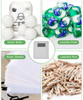 Collage showing dryer balls, laundry pods, dryer sheets, pins, and Magnetic Wool Dryer Balls Holder With Large Nylon Storage Bag