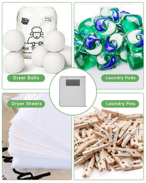 Collage showing dryer balls, laundry pods, dryer sheets, pins, and Magnetic Wool Dryer Balls Holder With Large Nylon Storage Bag