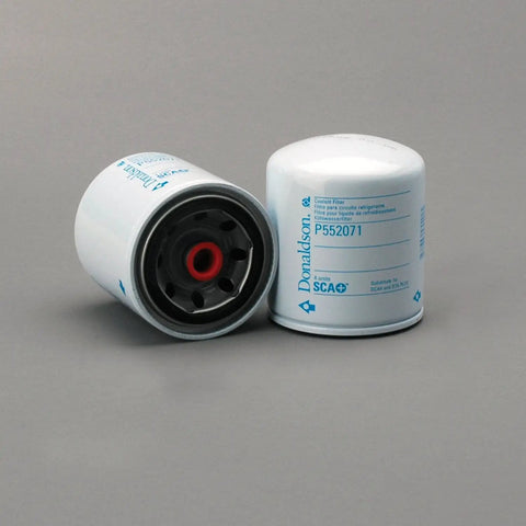 Two Coolant Filter Spin-On SCA Plus Replacement For Heavy-Duty Engines showing label and filter end on gray background.
