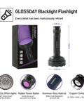 Ultra Bright 128 LED UV Blacklight Flashlight For Dogs And Cats And Scorpion Hunting with packaging and features displayed