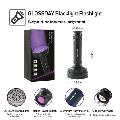 Ultra Bright 128 LED UV Blacklight Flashlight For Dogs And Cats And Scorpion Hunting with packaging and features displayed