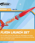 Flash Rocket Launch Set for Beginners and Hobbyists shown with red and yellow design, kid-friendly model rocket on blue background.