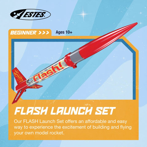 Flash Rocket Launch Set for Beginners and Hobbyists shown with red and yellow design, kid-friendly model rocket on blue background.