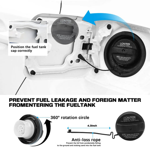 Installation diagram of Replacement Fuel Cap For Toyota Tacoma 2005 To 2008 4Runner 2003 To 2009 ES330 2004 To 2006 GX470 2003 To 2009 77300 33070 Replaces 10839 showing positioning and anti-loss rope.