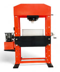 Heavy Duty 150 Ton Industrial Electric Shop Press Featuring Dual Hydraulic Cylinders And Integrated Air Pump in orange.