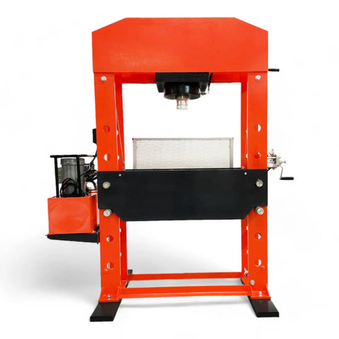 Heavy Duty 150 Ton Industrial Electric Shop Press Featuring Dual Hydraulic Cylinders And Integrated Air Pump in orange.