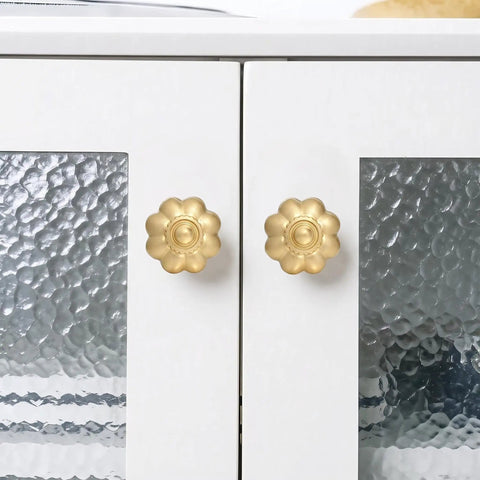 Solid Brass Cabinet Knobs And Gold Pumpkin Drawer Pulls Featuring Vintage Floral Accents For Kitchen Cupboards And Dressers Heavy Duty 6 Pack 1 1 8 Inch on white cabinet doors.