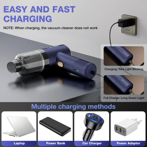 4 In 1 Cordless Car Vacuum Cleaner, Mini Handheld 12000Pa Suction charging with multiple power sources.
