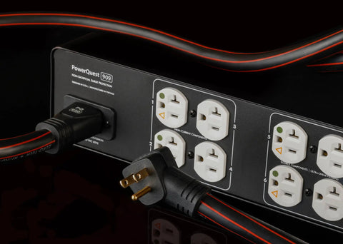 Kickass 20 Amp Power Conditioner With Non Sacrificial Surge Protection For Home Audio and Hi Fi Rigs, showcasing multiple outlets and power cables.