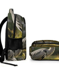 Side view of Forest Pond Grey Heron Print Unisex Backpack with matching pouch, durable polyester, large capacity, smooth zipper.
