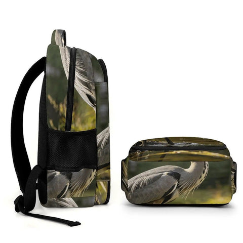 Side view of Forest Pond Grey Heron Print Unisex Backpack with matching pouch, durable polyester, large capacity, smooth zipper.