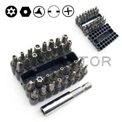 Drop Dead Tough Tamper Proof Security Bit Set Loaded With Rock Solid Phillips Torx And Hex Magnetic Drivers For Power Drills And Impact Guns 33 Piece Chrome Vanadium Steel Kit with various driver bits.