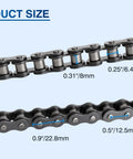 Belleone 420 motorcycle chain, side view with blue dimension callouts showing 8mm, 6.4mm, 12.5mm and 22.8mm link sizes.