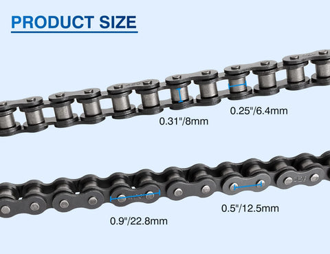 Belleone 420 motorcycle chain, side view with blue dimension callouts showing 8mm, 6.4mm, 12.5mm and 22.8mm link sizes.