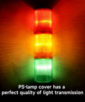 Heavy Duty Multi Layer Tower Light With LED Warning Lamp And Alarm Industrial Grade Signal Indicator glowing red, yellow, green.