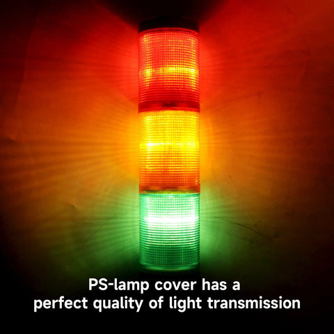 Heavy Duty Multi Layer Tower Light With LED Warning Lamp And Alarm Industrial Grade Signal Indicator glowing red, yellow, green.