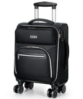 Front view of Sydioor 16-inch softside underseat luggage with wheels, black, front zip pocket and retractable handle.