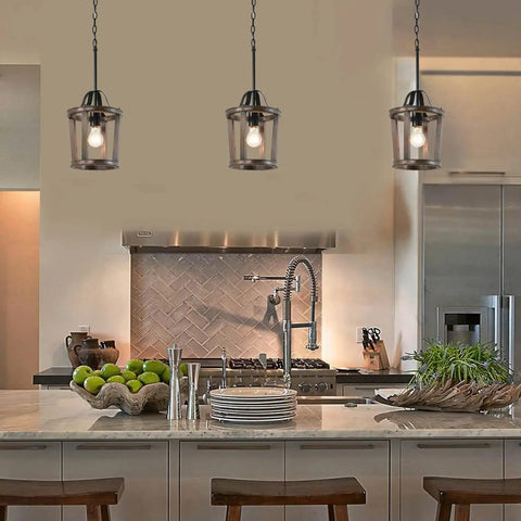 Dope Farmhouse Oak Wood Island Pendant Light with bronze finish hanging over modern kitchen island.