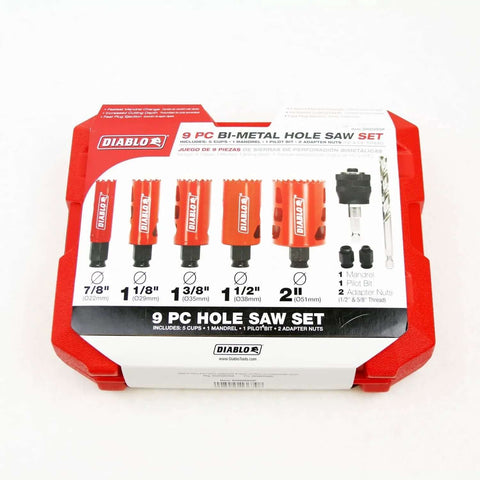 Diablo 9-piece hole saw set in red case with orange hole saws visible, front view