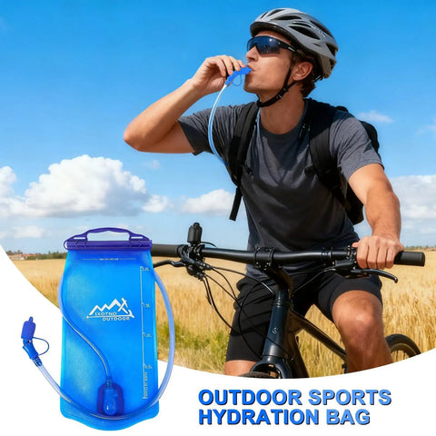 Cyclist using Lightweight Hiking Water Bladder With Large Opening, Ergonomic Handle, Cold Resistant Touch, Hydration Bag
