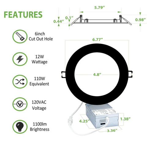 Diagram of Recessed Ultra Thin No Hassle Canless 6 Inch LED Ceiling Light Kit with features and dimensions shown